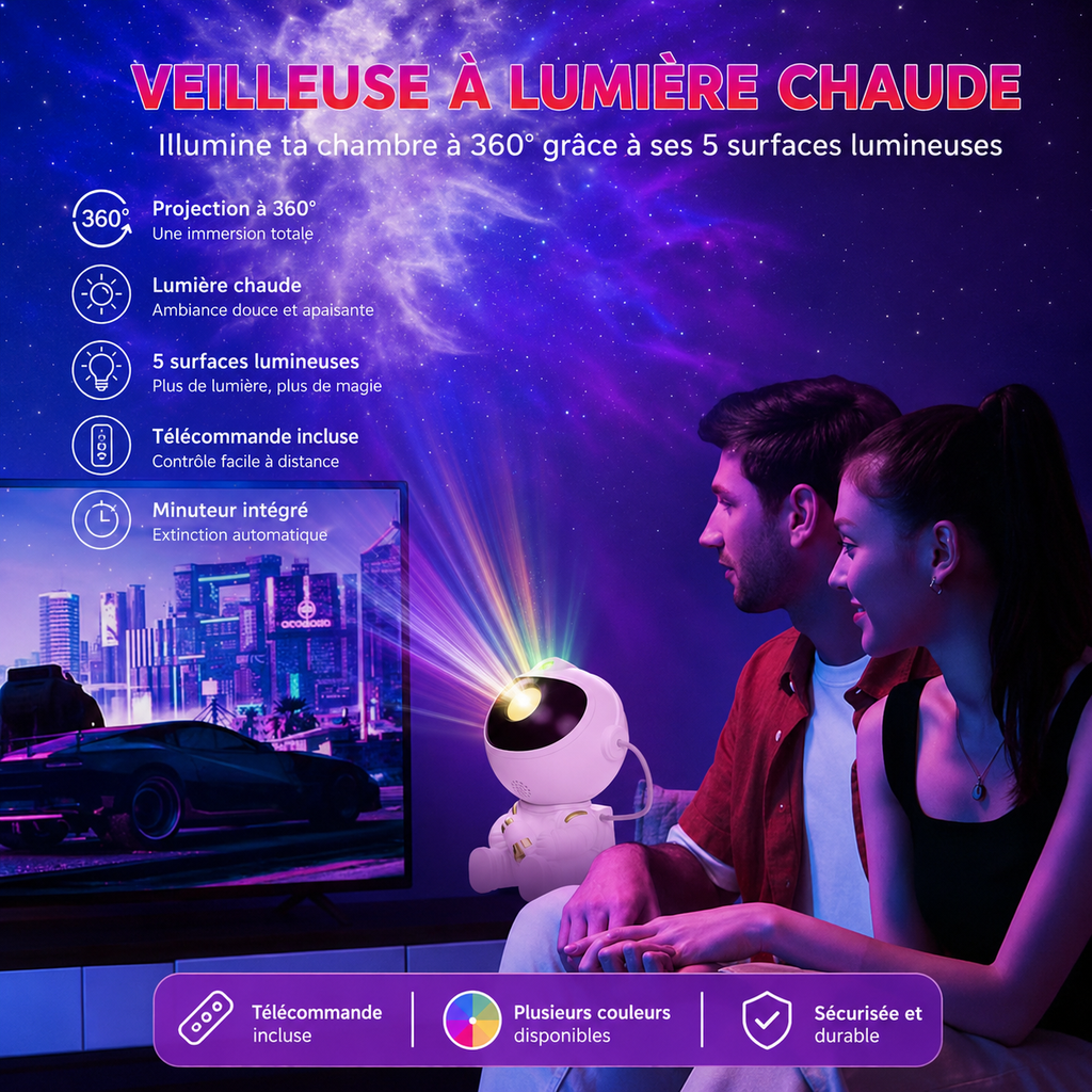 Projecteur Étoiles Astronaute — Veilleuse Galaxy 360° avec Télécommande